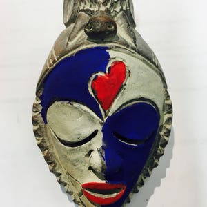 Vintage Ultramarine Blue, Crimson Red & White Handpainted West African Passport Mask