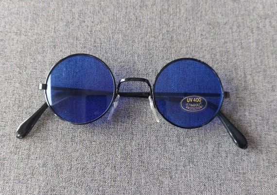 Vintage Ultramarine Blue Lenses Black Round Frame… - image 5