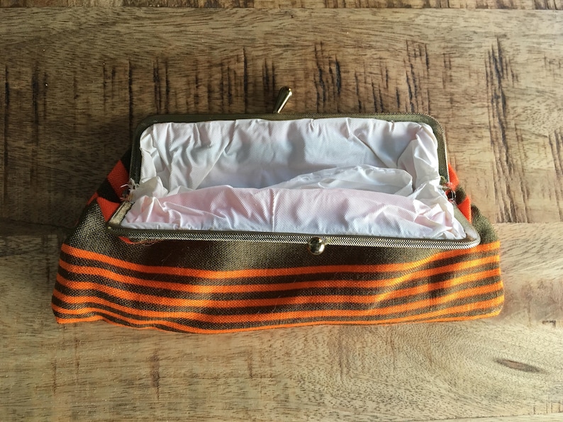 Vintage Bittersweet Orange and Brown Multicoloured Horizontal Stripes Cotton Purse