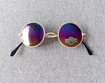 Vintage Iridescent Purple Lenses Gold Round Frame Sunglasses