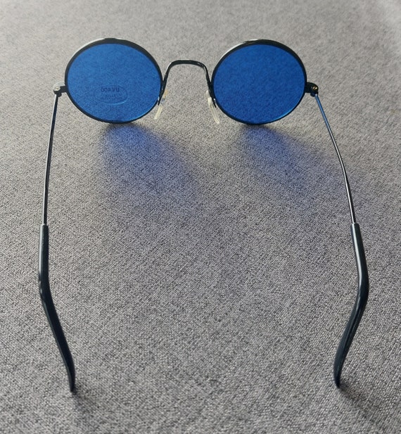 Vintage Ultramarine Blue Lenses Black Round Frame… - image 7