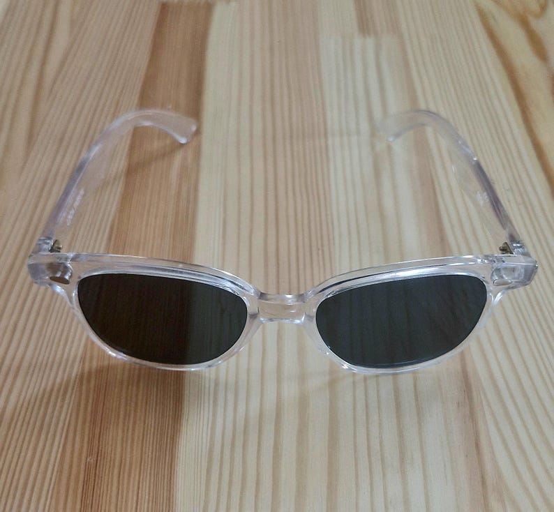 Peut inclure: Lunettes de soleil &agrave; monture transparente avec verres fonc&eacute;s. Les lunettes ont une forme classique, l&eacute;g&egrave;rement &oelig;il de chat. Les montures et les branches sont transparentes, et les verres sont d'une couleur fonc&eacute;e et unie. Les lunettes reposent sur une surface en bois clair.