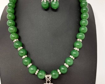Jade Necklace and Earring Set, Dyed Emerald Green Faceted