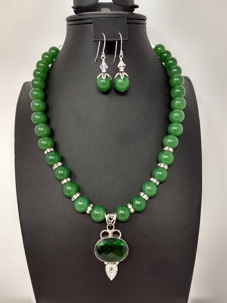 Jade Necklace and Earring Set, Dyed Emerald Green Faceted