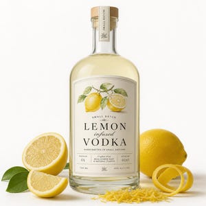May include: A clear glass bottle of lemon infused vodka with a cork stopper. The label features a botanical illustration of lemons and text reading Small Batch, Lemon Infused Vodka, Handcrafted in Small Batches, 5X, 750 ml, and 40% Alc/Vol.