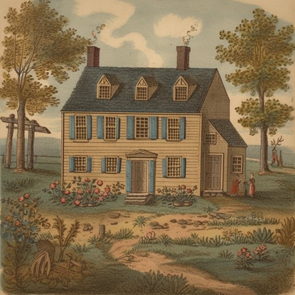 Farmhouse Townscape Print, Primitive Folk Art (Digital Download)