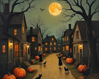 Puede incluir: Una escena de Halloween con un pueblo iluminado por la luna. Calabazas talladas, gatos negros y figuras con vestidos negros. Árboles desnudos y casas iluminadas crean un ambiente espeluznante y festivo, bajo un cielo nocturno.