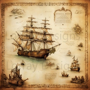 Téléchargement numérique, « Voyage to Uncharted Waters : A Timeless Maritime Masterpiece », AL Generated Image, Antique Sketch Scene,