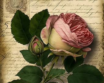 Vintage Rose mit französischem Liebesbrief - DIGITALER Download, Floraler Kunstdruck - DIGITALER Download,