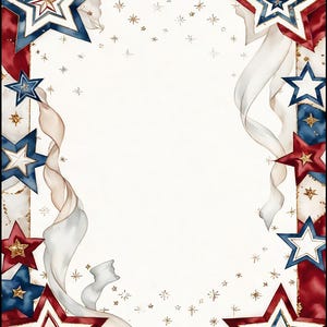 May include: Watercolor illustration of a patriotic border with red, white, and blue stars and ribbons. The stars have gold accents and are arranged around a white center, with small gold stars scattered throughout.