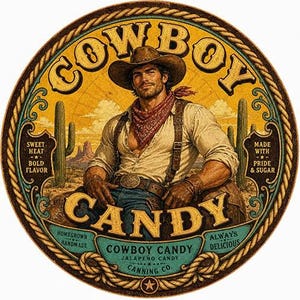 Cowboy Candy • Balas de Jalapeño Agridoce • Produzidas em Pequenos Lotes Artesanais • Rótulo Western • Pote de 113g