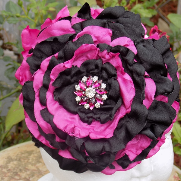 Custom made Beautiful Black and Fuchsia hot pink satin Peony Rose Flower headband with rhinestone center