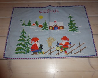 Swedish rare and beautiful hand embroidered wall hanging  / christmas motif / 22 x 15"