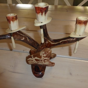 Swedish / same / Laplandia hand made rhein deer  antler candle holder / rare / unique/  decorated / 7 x 9&quot; appr
