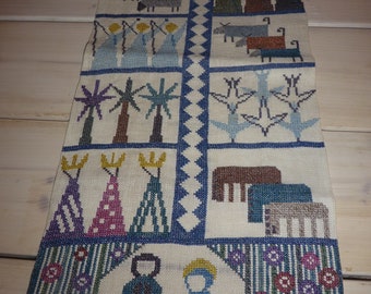Swedish rare and beautiful hand embroidered wall hanging  /motif from Sweden / wall decor / cross stitch / linen / appr 10 x 22"