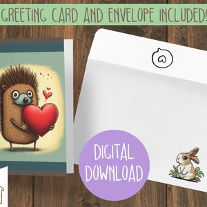 Afdrukbare Valentijnsdagkaart en envelop, cartoon egel met hart, pdf instant digitale download