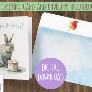 Printable Card and envelope, Birthday Bunny, pdf instant digital download