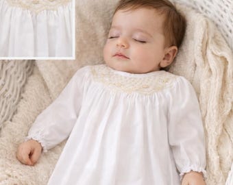 White Christening Dress – Ecru Hand Smocked Infant Baptism Gown
