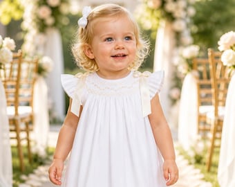Toddler Flower Girl Dress - White Smocked Dresses - Baby Girl Dresses for Wedding -Baby Girl Wedding Dress by Zuli Kids DD107