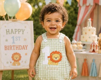 First Birthday Outfit Boy - Jungle Party - Lion Birthday - Sage Plaid Sunsuit for a 1 Year Old Birthday Outfit by Zuli Kids 294898