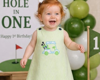 Golf Birthday, Green Cotton Seersucker Baby Girl Golf Outfit - Golf Birthday Party, Baby Girl Golf Outfit by Zuli Kids 295384
