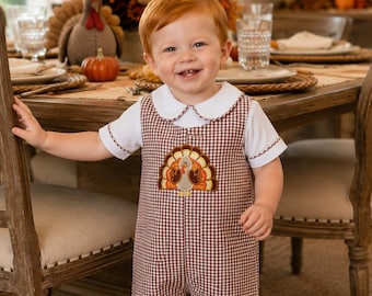 Brown Gingham Baby Boy Thanksgiving Romper with Turkey Appliqué, Peter Pan Collar Shirt 291875