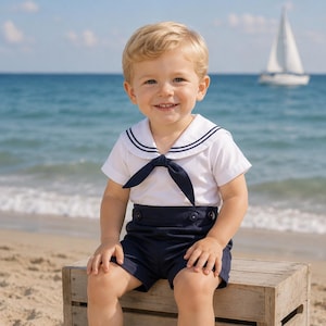 Op de afbeelding: Een jong kind in een wit matrozenpakje met marineblauwe details, bestaande uit een top met matrozenkraag en een korte broek. Het kind draagt witte sandalen en zit op een houten kist op het zandstrand.