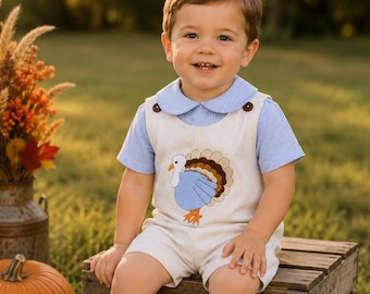 Khaki Thanksgiving Outfit Baby Boy, Toddler Turkey romper- Blue Gingham Peter Pan Collar Shirt 295073