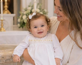 White with Ecru Geometric ribbon Smocked Baby Baptism Dress - Christening Gown 6 Mo  by Zuli Kids412628-CC225