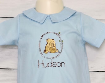First Birthday Outfit Boy - Blue Cotton First Birthday Romper - 1 Year Old Bear Party Clothes by Zuli Kids 294126