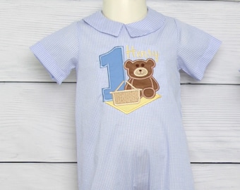 Teddy Bear Picnic Outfit, Blue Gingham Romper, First Birthday