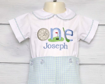 Golf First Birthday Outfit, Seersucker Baby Boy Romper, Hole In One