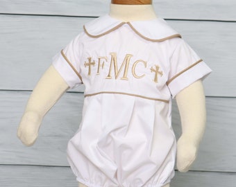 Personalized Boys Christening Romper - White Imperial Broadcloth Baptism Outfit