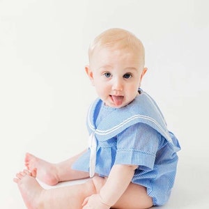 Baby Sailor Outfit, Blue Gingham Romper, Nautical Baby Clothes
