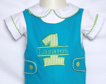 Turquoise 1st Birthday Outfit Boy, Applique Jon Jon
