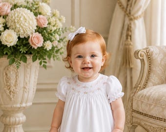 White with pastel smocked Baby Girl Christening Dress - Smocked Baptism Dress, Dedication Dresses 12 Months by Zuli Kids 412683 - CC260
