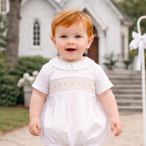 Smocked Baby Easter Outfit White with Ecru Smocking - Baby Boy Bubble Romper 3 Mo 412856 -DD103