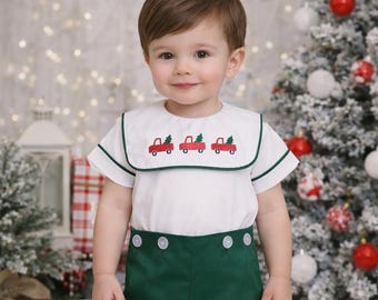 Baby Boy Christmas Outfit -  Baby Christmas Romper - Hunter Green Cotton My First Christmas Outfit by Zuli Kids 293185