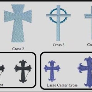 May include: Image featuring several cross designs in blue and black. The crosses vary in style, including filled, triple, and center designs. Text labels identify each cross, such as "Cross 1," "Cross 2," and "Triple Cross." Measurements are not applicable.
