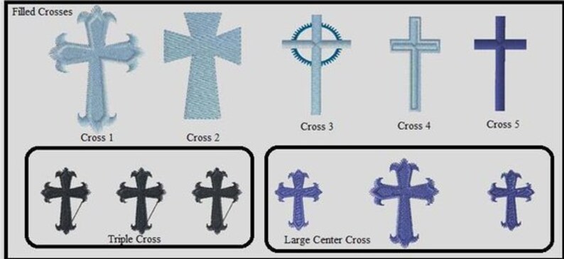 May include: Image featuring several cross designs in blue and black. The crosses vary in style, including filled, triple, and center designs. Text labels identify each cross, such as "Cross 1," "Cross 2," and "Triple Cross." Measurements are not applicable.