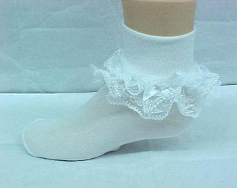 Beaded Socks, Lace Socks with White Pearl Trim, Lace Frilly Baby Socks by Zuli Kids 292601