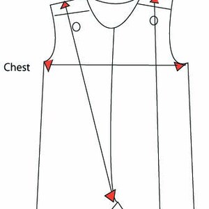 May include: Line drawing of a garment with measurements labelled "Shoulder to Crotch", "Length", and "Chest".