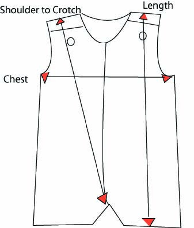 May include: Line drawing of a garment with measurements labelled "Shoulder to Crotch", "Length", and "Chest".