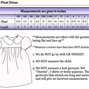 May include: Line drawing of a Yoke Float Dress with a Peter Pan collar and short sleeves. A chart provides chest and length measurements in inches for various sizes, from 3 months to 6X. Instructions are included.