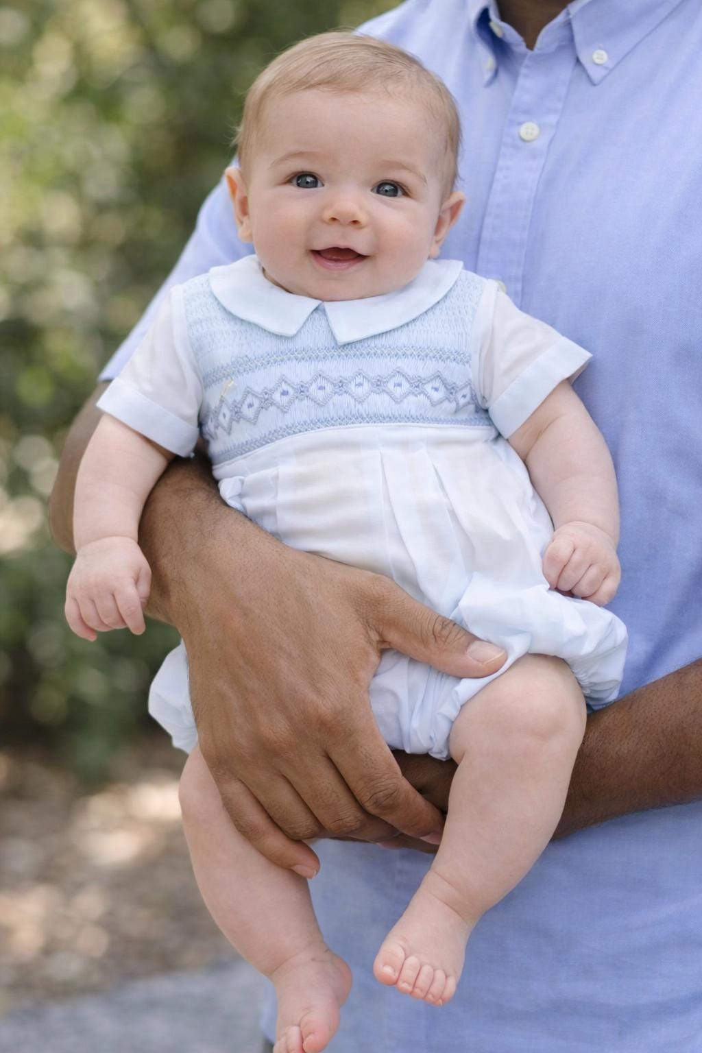 Baby Boy Smocked Bubble Romper - Blue Heirloom Peter Pan Collar Infant Outfit