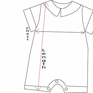 May include: Line drawing of a baby romper with a collar and short sleeves. Red lines indicate chest and length measurements. The romper has snap closures at the bottom.