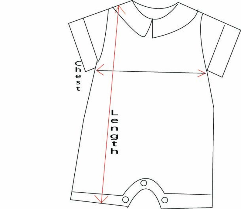 May include: Line drawing of a baby romper with a collar and short sleeves. Red lines indicate chest and length measurements. The romper has snap closures at the bottom.