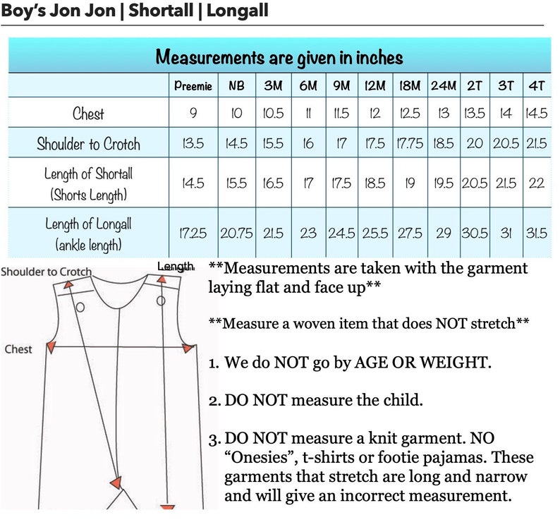 May include: A chart with measurements in inches for boys' Jon Jon, shortall, and longall clothing. The chart includes measurements for chest, shoulder to crotch, length of shortall, and length of longall. The chart is labeled with sizes from preemie to 4T.