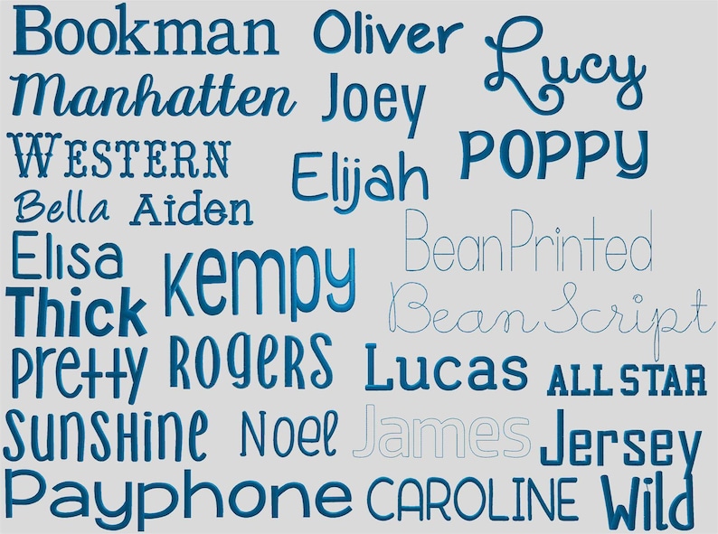 K&ouml;nnte beinhalten: Eine Sammlung von blauem und grauem Text auf hellgrauem Hintergrund. Der Text enth&auml;lt Namen wie Bookman, Oliver, Lucy, Manhattan, Joey, Western, Elijah, Poppy, Bella, Aiden, Elisa, Kempy, Thick, Pretty, Rogers, Lucas, All Star, Sunshine, Noel, James, Jersey, Payphone, Caroline und Wild. Der Text ist in verschiedenen Schriftarten und Gr&ouml;&szlig;en.