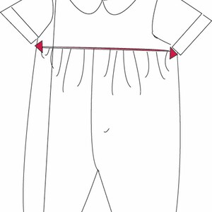 May include: Line drawing of a baby's romper with short sleeves and a Peter Pan collar. The waistline is gathered, and the legs end with a decorative hem. The garment is white.